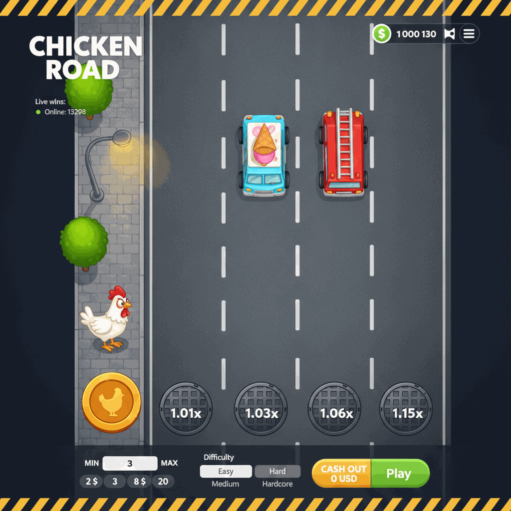 Schermata di gioco di Chicken Road con un pollo bianco che si prepara ad attraversare una strada multi-corsia vista dall'alto, marciapiede urbano con alberi verdi e lampione grigio, corsie d'asfalto grigio scuro con linee tratteggiate bianche e tombini circolari che mostrano moltiplicatori crescenti, interfaccia di gioco con saldo in alto a destra e controlli di scommessa in basso